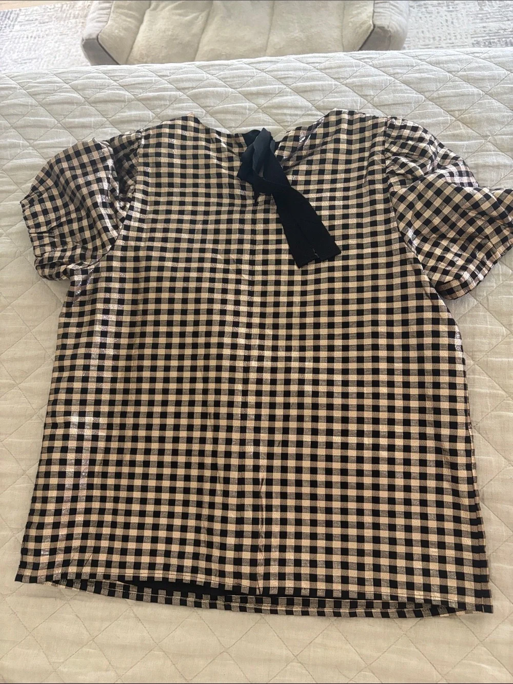 J. Crew Black and Beige Gingham Button-Back Short-Sleeve Shirt